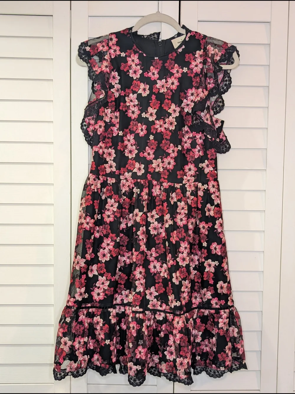 Kate Spade Black and Pink Floral Embroidered Tulle Flutter Sleeve Mini Dress